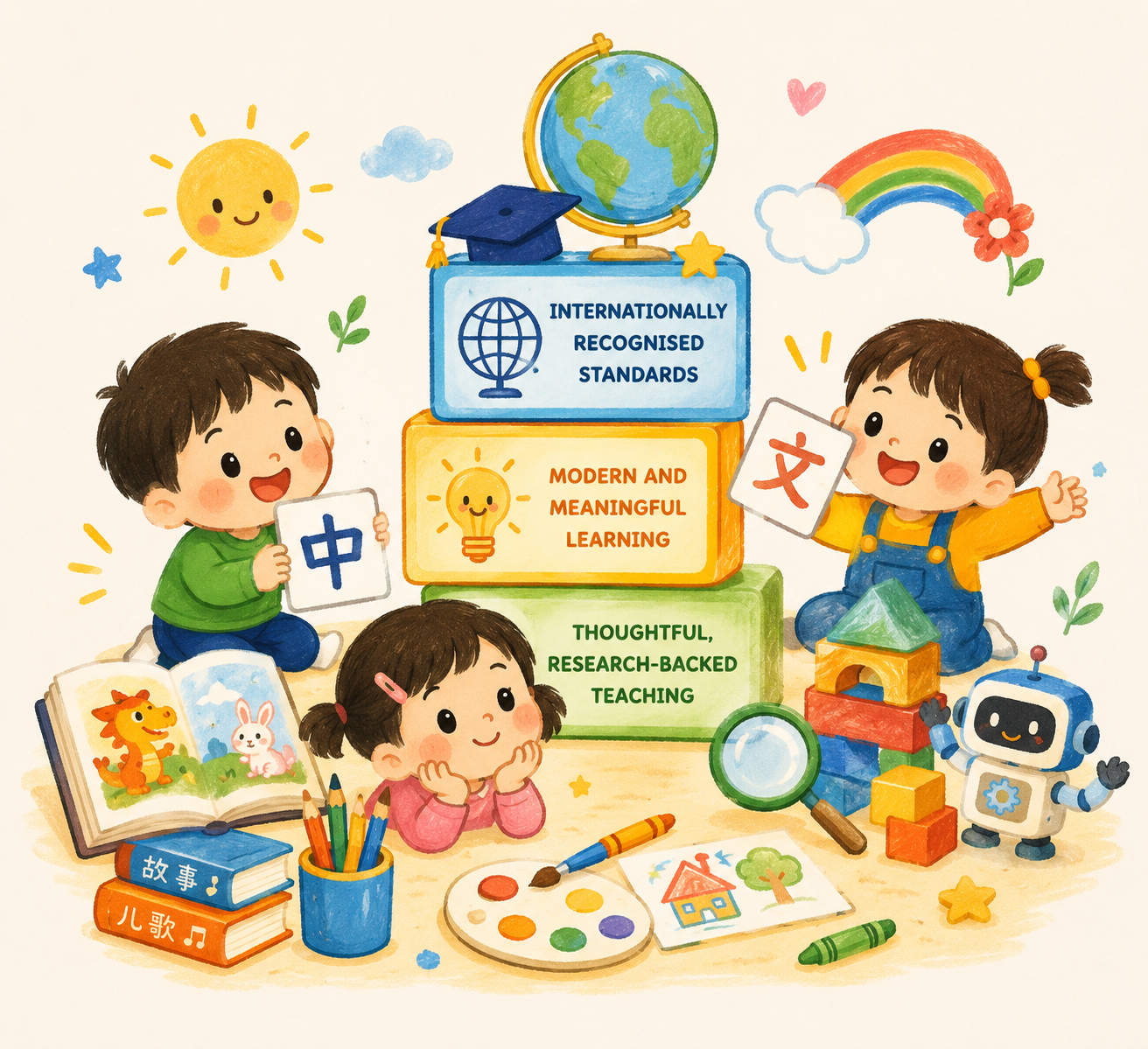 Illustration of children learning through stories, cultural activities and creative play
