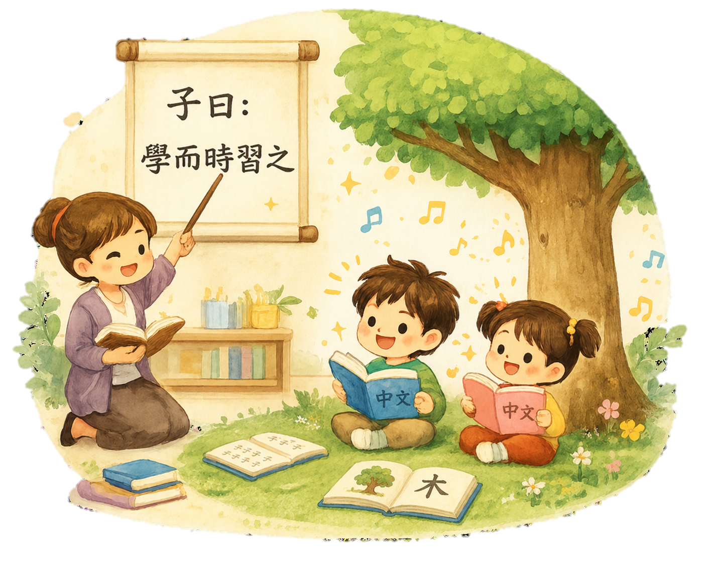 Illustration of a teacher and children reading Chinese together under a tree